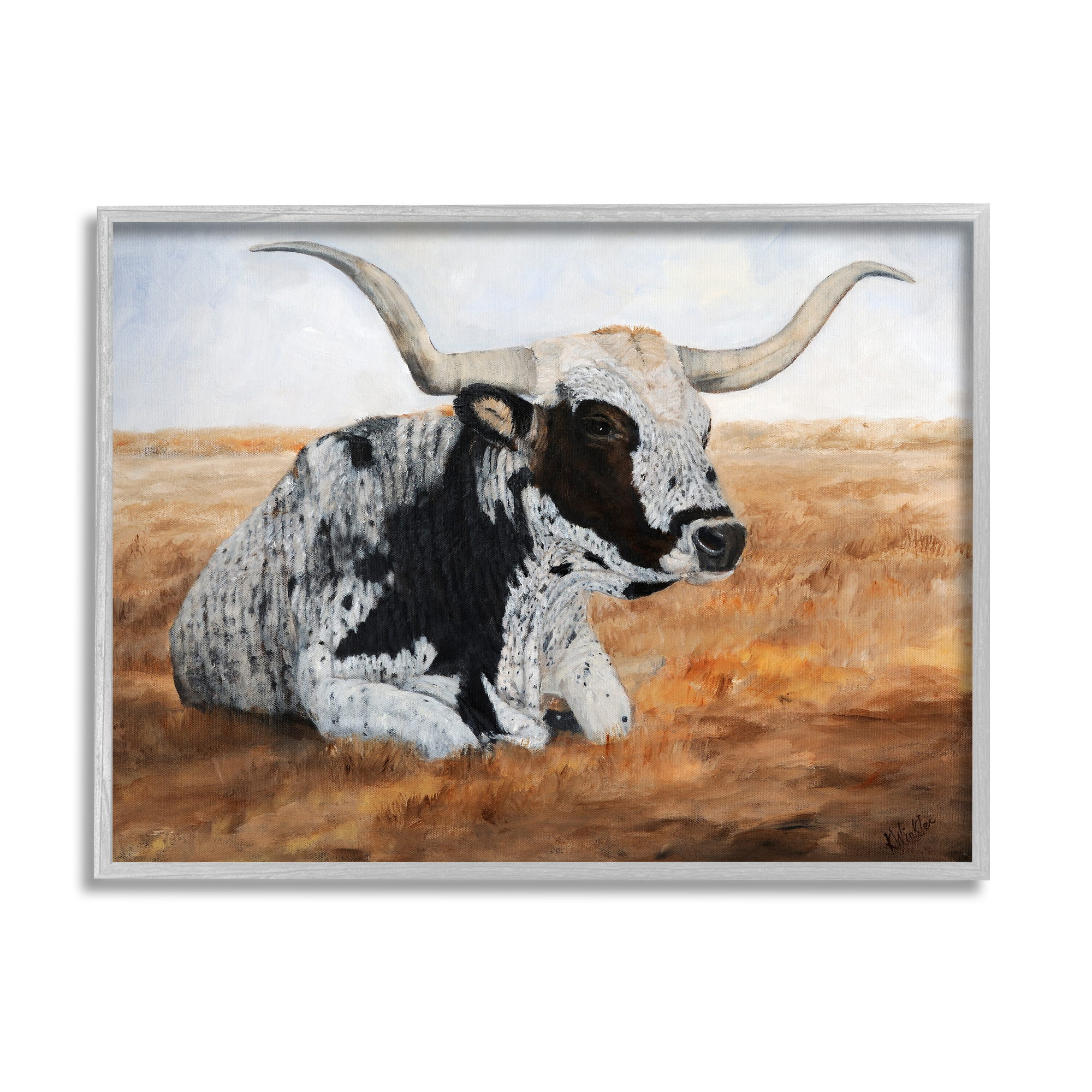 Stupell Longhorn Cattle Prairie Portrait Animals & Insects Painting Gray Framed Art Print Wall Art