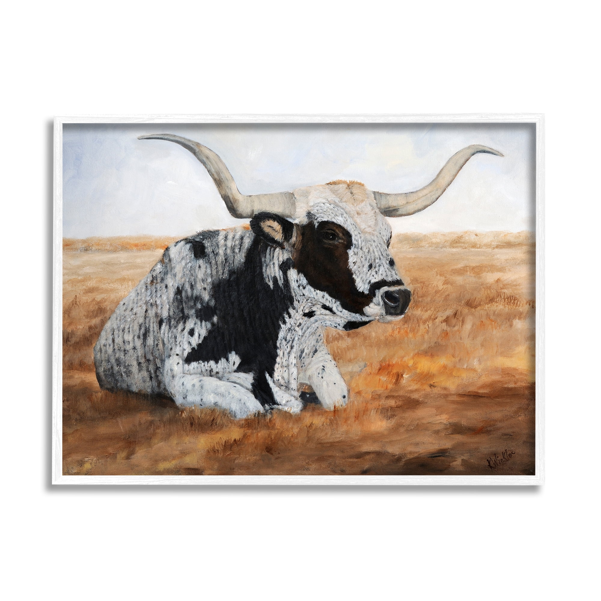 Stupell Longhorn Cattle Prairie Portrait Animals & Insects Painting White Framed Art Print Wall Art