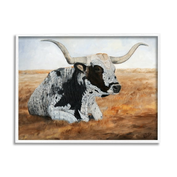 Stupell Longhorn Cattle Prairie Portrait Animals & Insects Painting White Framed Art Print Wall Art