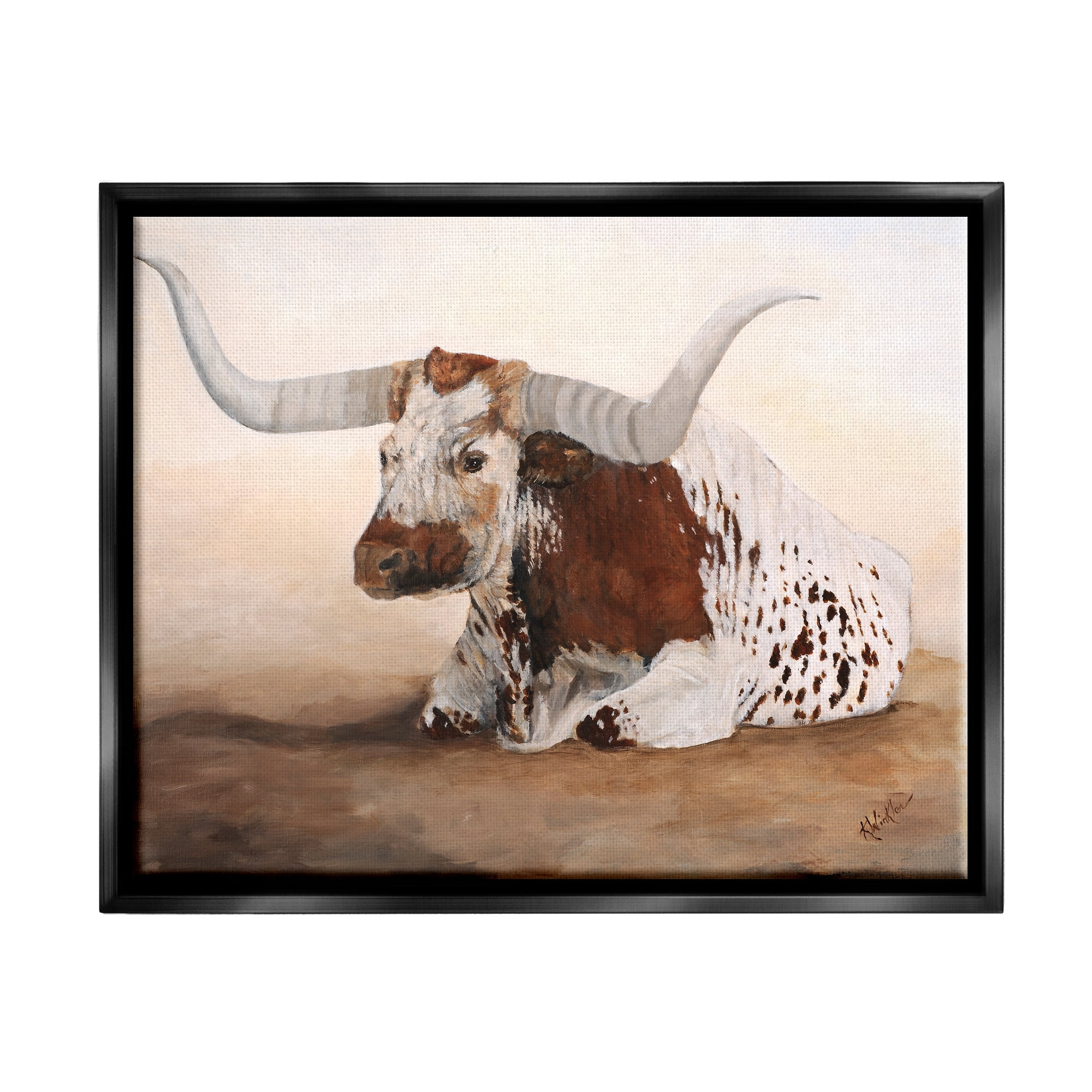 Stupell Longhorn Cattle Resting Painting Animals & Insects Painting Black Floater Framed Art Print Wall Art