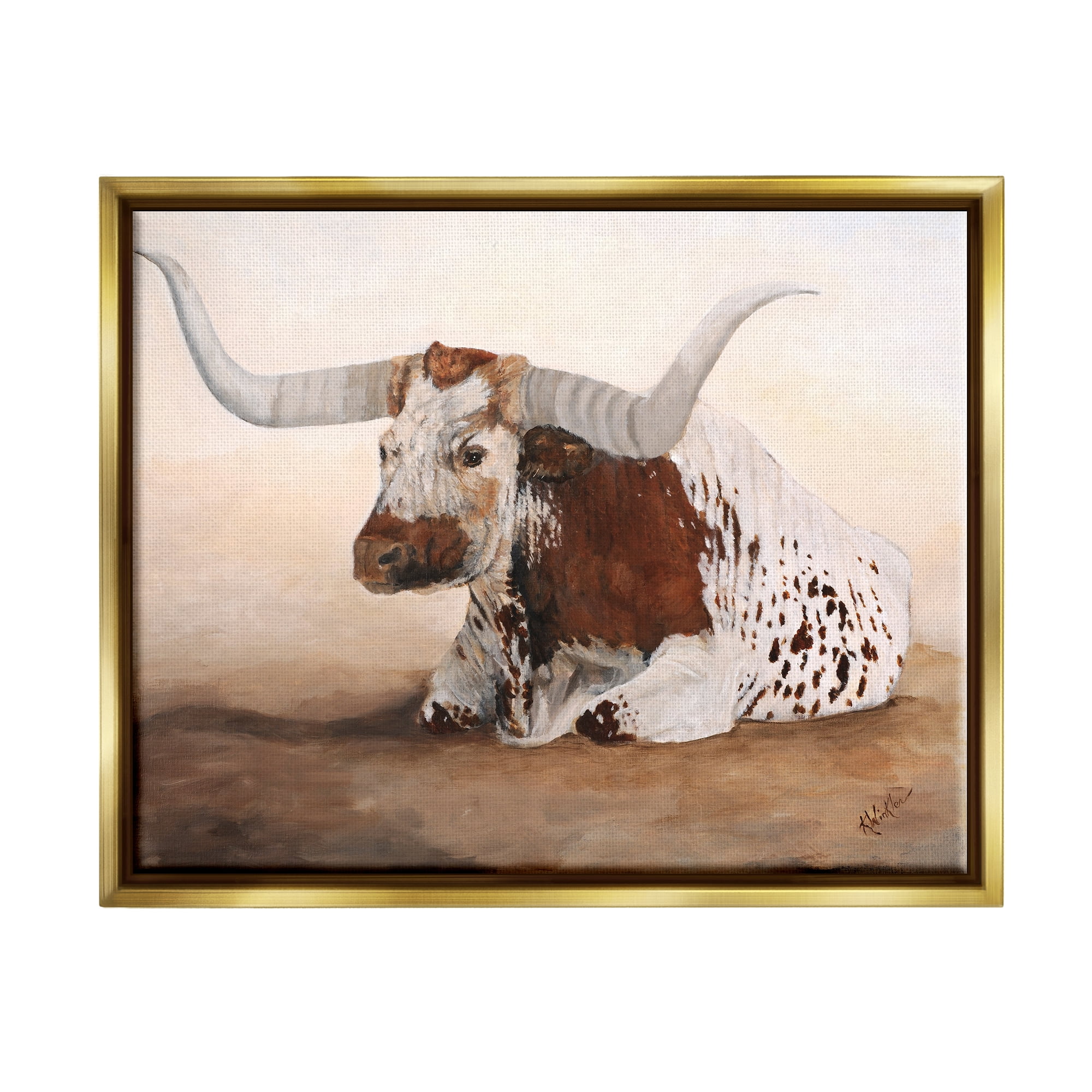 Stupell Longhorn Cattle Resting Painting Animals & Insects Painting Gold Floater Framed Art Print Wall Art