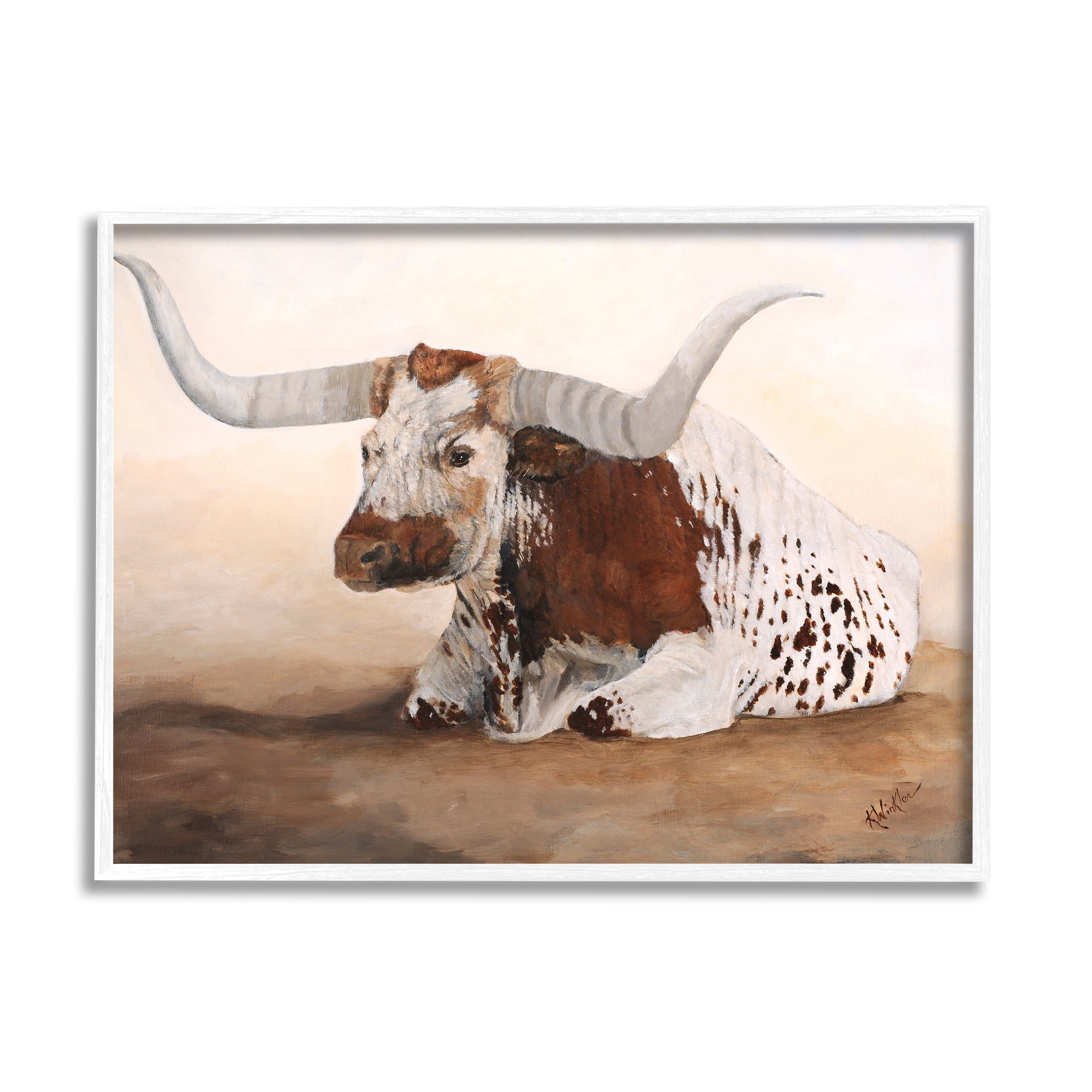 Stupell Longhorn Cattle Resting Painting Animals & Insects Painting White Framed Art Print Wall Art