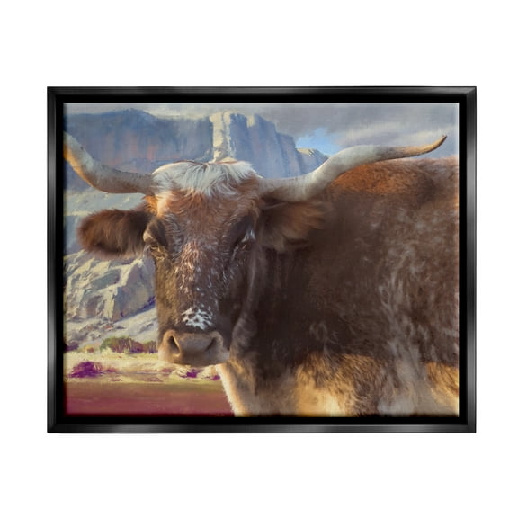 Stupell Longhorn Cattle Rural Mountains Animals & Insects Painting Black Floater Framed Art Print Wall Art