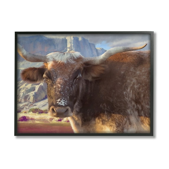 Stupell Longhorn Cattle Rural Mountains Animals & Insects Painting Black Framed Art Print Wall Art
