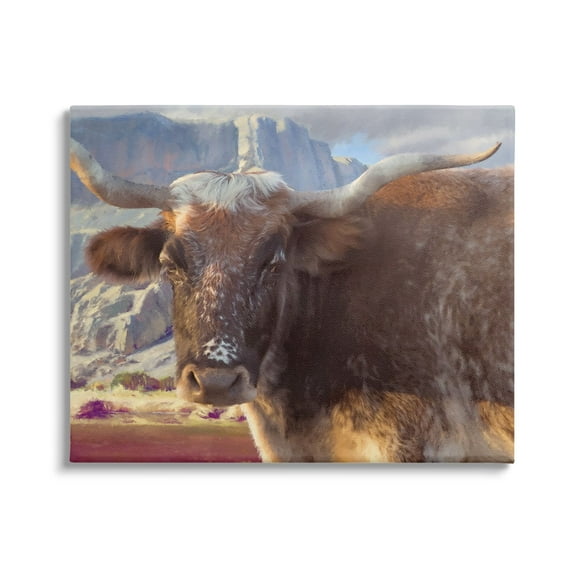 Stupell Longhorn Cattle Rural Mountains Animals & Insects Painting Gallery Wrapped Canvas Print Wall Art