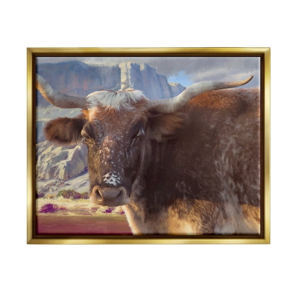 Stupell Longhorn Cattle Rural Mountains Animals & Insects Painting Gold Floater Framed Art Print Wall Art