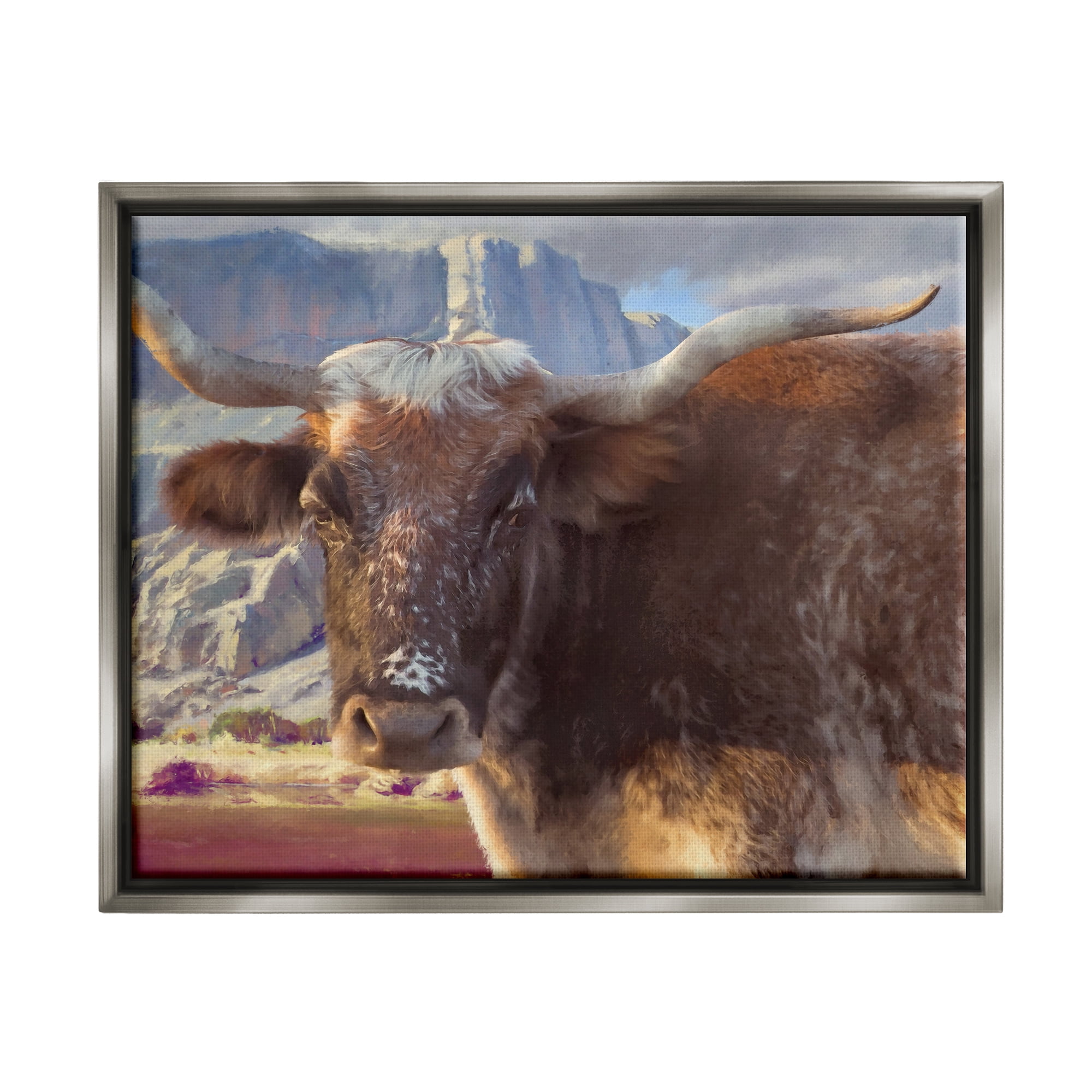 Stupell Longhorn Cattle Rural Mountains Animals & Insects Painting Gray Floater Framed Art Print Wall Art