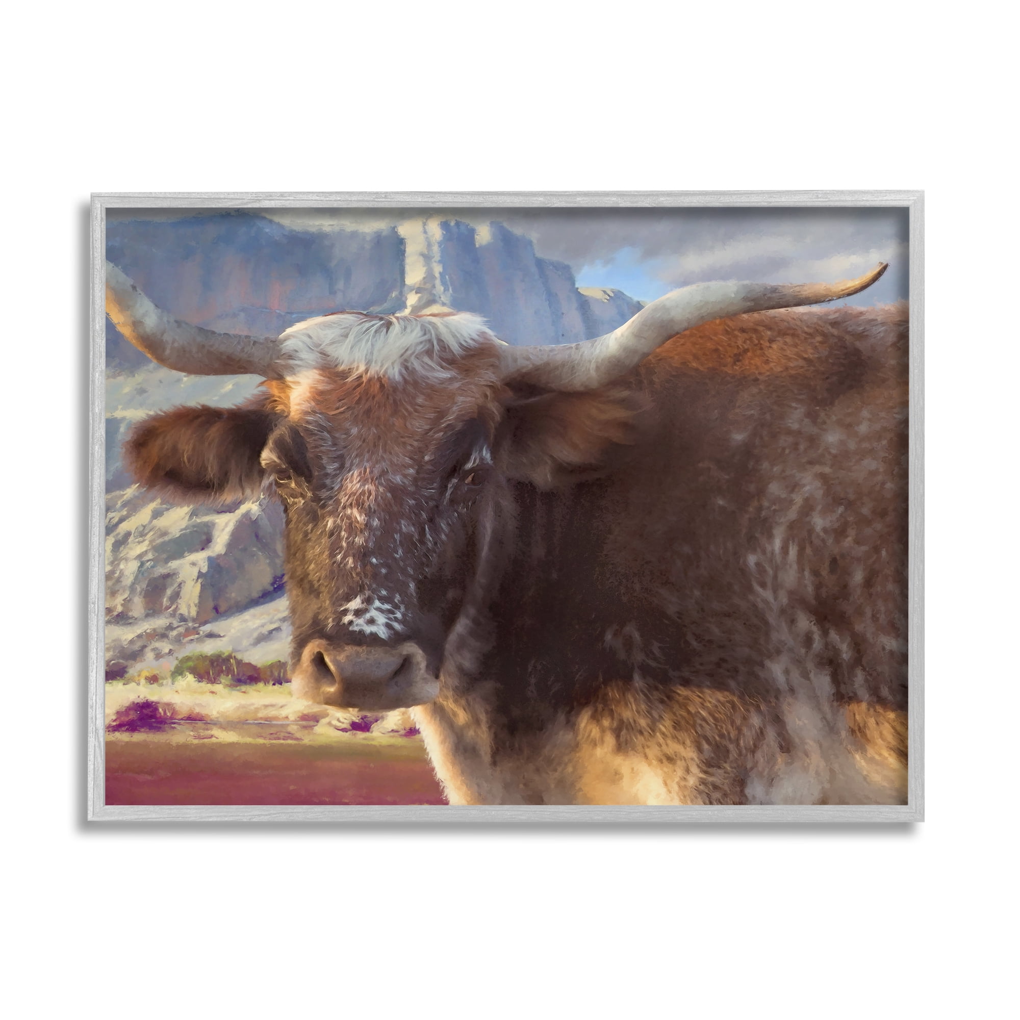 Stupell Longhorn Cattle Rural Mountains Animals & Insects Painting Gray Framed Art Print Wall Art