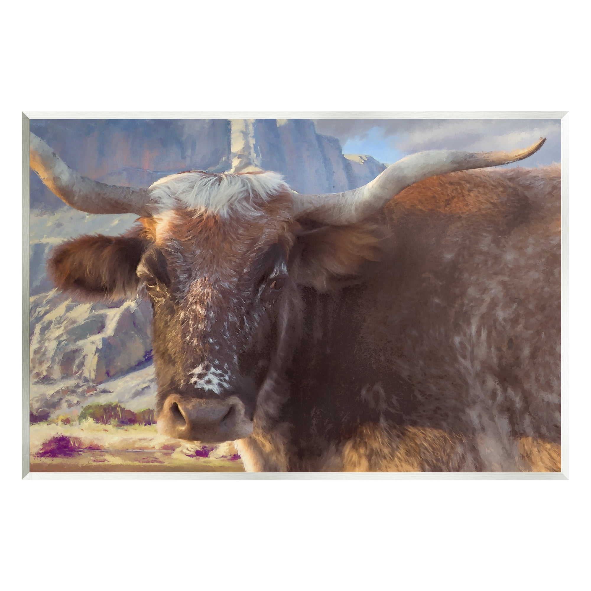 Stupell Longhorn Cattle Rural Mountains Animals & Insects Painting Wall Plaque Unframed Art Print Wall Art