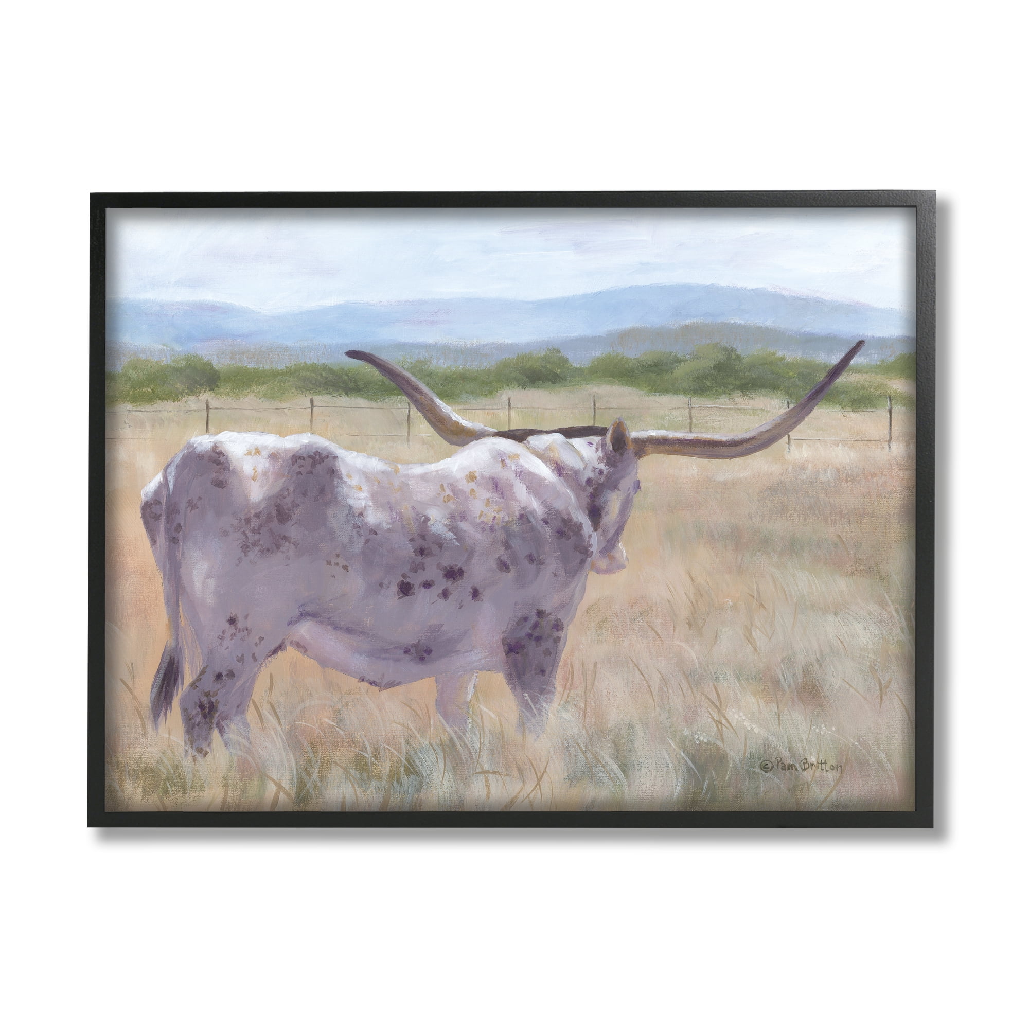 Stupell Longhorn Vast Rural Grassland Farm Animals & Insects Painting Black Framed Art Print Wall Art