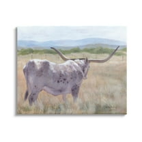 Stupell Longhorn Vast Rural Grassland Farm Animals & Insects Painting Gallery Wrapped Canvas Print Wall Art