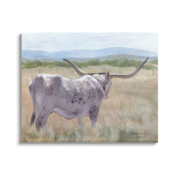 Stupell Longhorn Vast Rural Grassland Farm Animals & Insects Painting Gallery Wrapped Canvas Print Wall Art