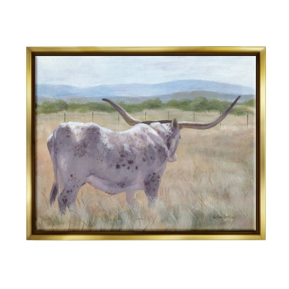 Stupell Longhorn Vast Rural Grassland Farm Animals & Insects Painting Gold Floater Framed Art Print Wall Art