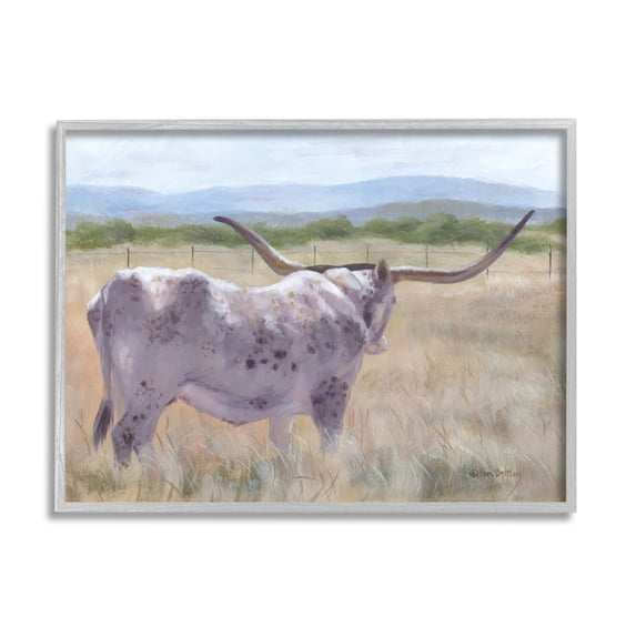 Stupell Longhorn Vast Rural Grassland Farm Animals & Insects Painting Gray Framed Art Print Wall Art