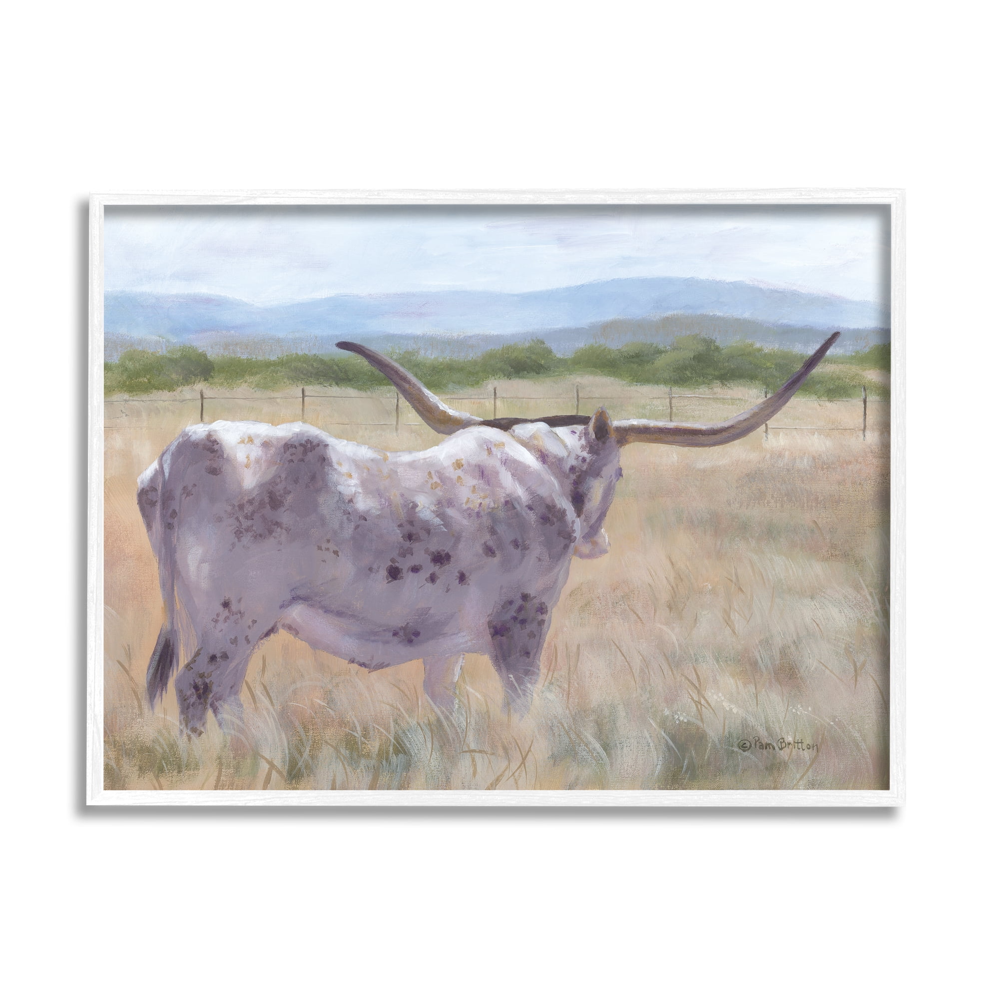Stupell Longhorn Vast Rural Grassland Farm Animals & Insects Painting White Framed Art Print Wall Art