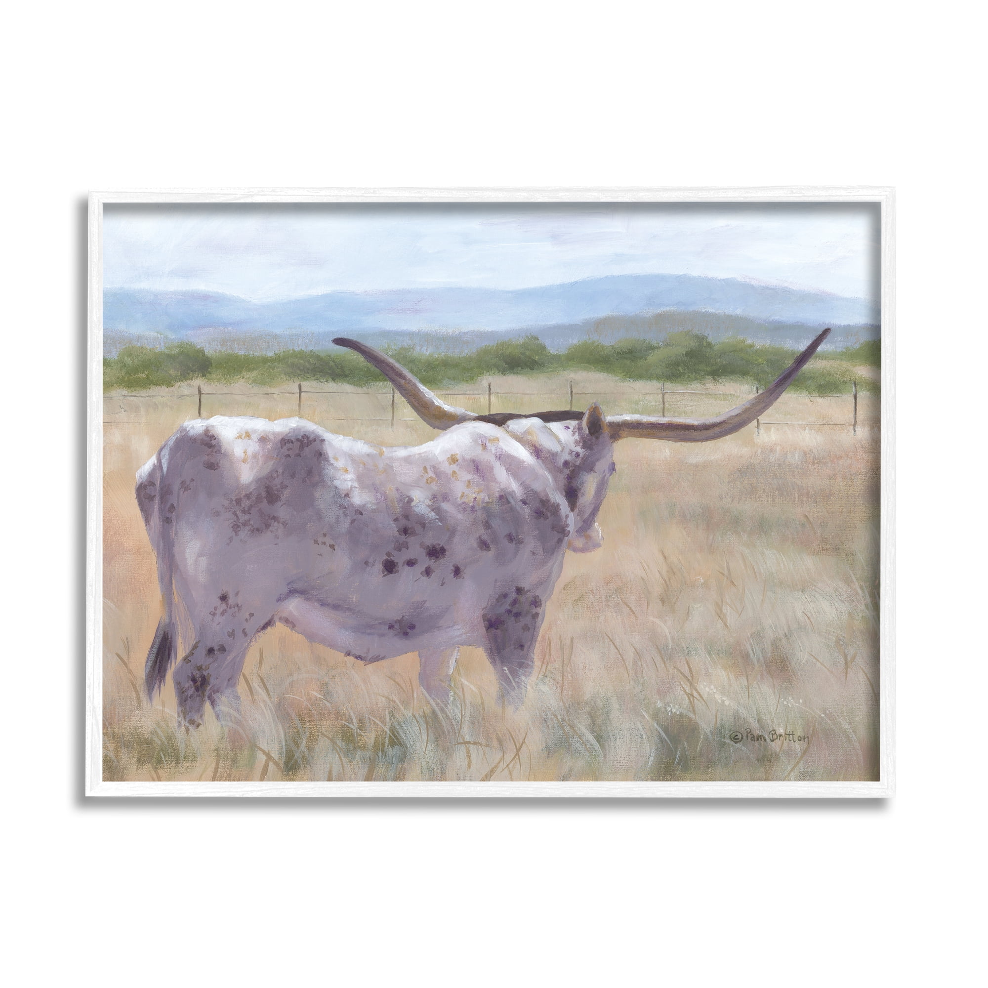 Stupell Longhorn Vast Rural Grassland Farm Animals & Insects Painting White Framed Art Print Wall Art