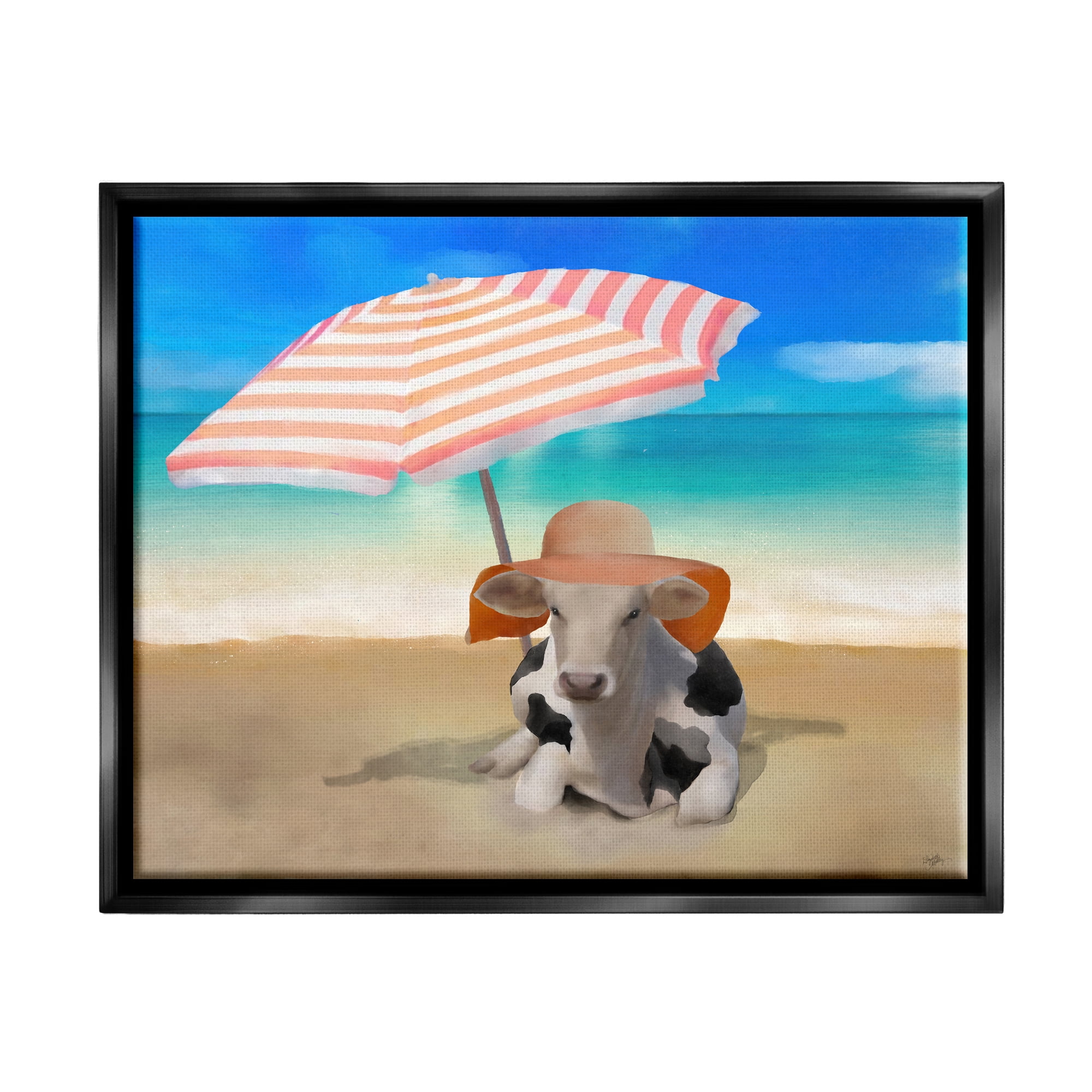 Stupell Lounging Cow Summer Beach Shore Animals & Insects Painting Black Floater Framed Art Print Wall Art