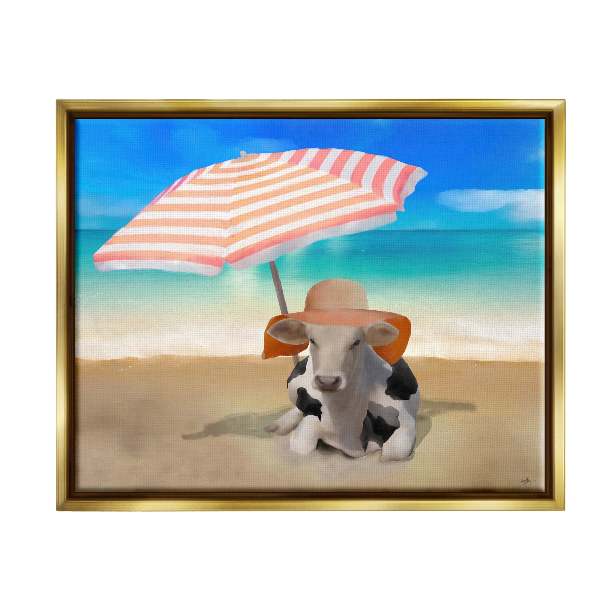 Stupell Lounging Cow Summer Beach Shore Animals & Insects Painting Gold Floater Framed Art Print Wall Art