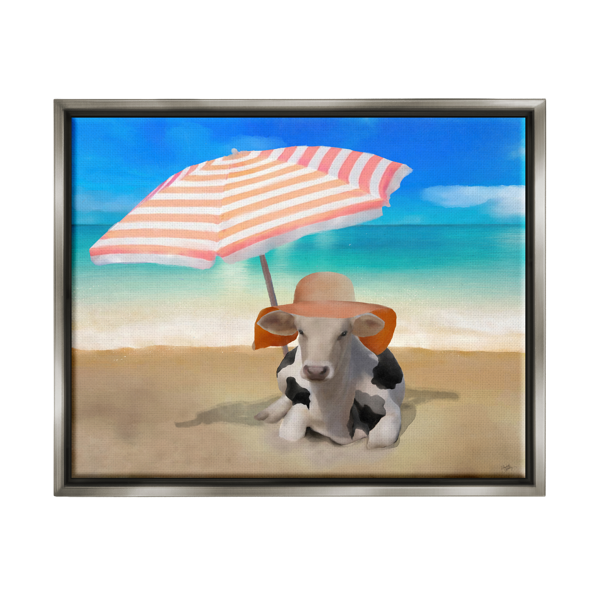 Stupell Lounging Cow Summer Beach Shore Animals & Insects Painting Gray Floater Framed Art Print Wall Art