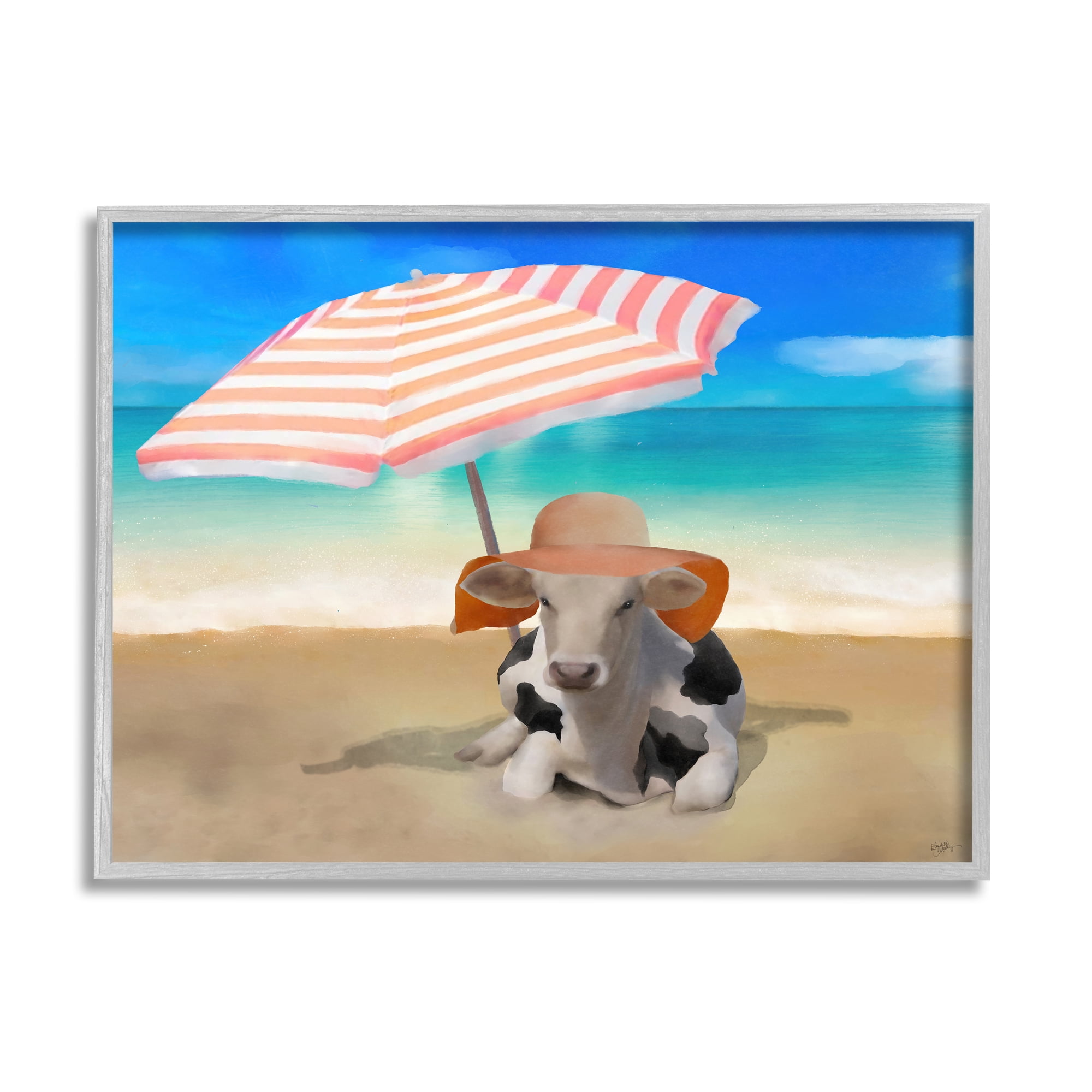 Stupell Lounging Cow Summer Beach Shore Animals & Insects Painting Gray Framed Art Print Wall Art