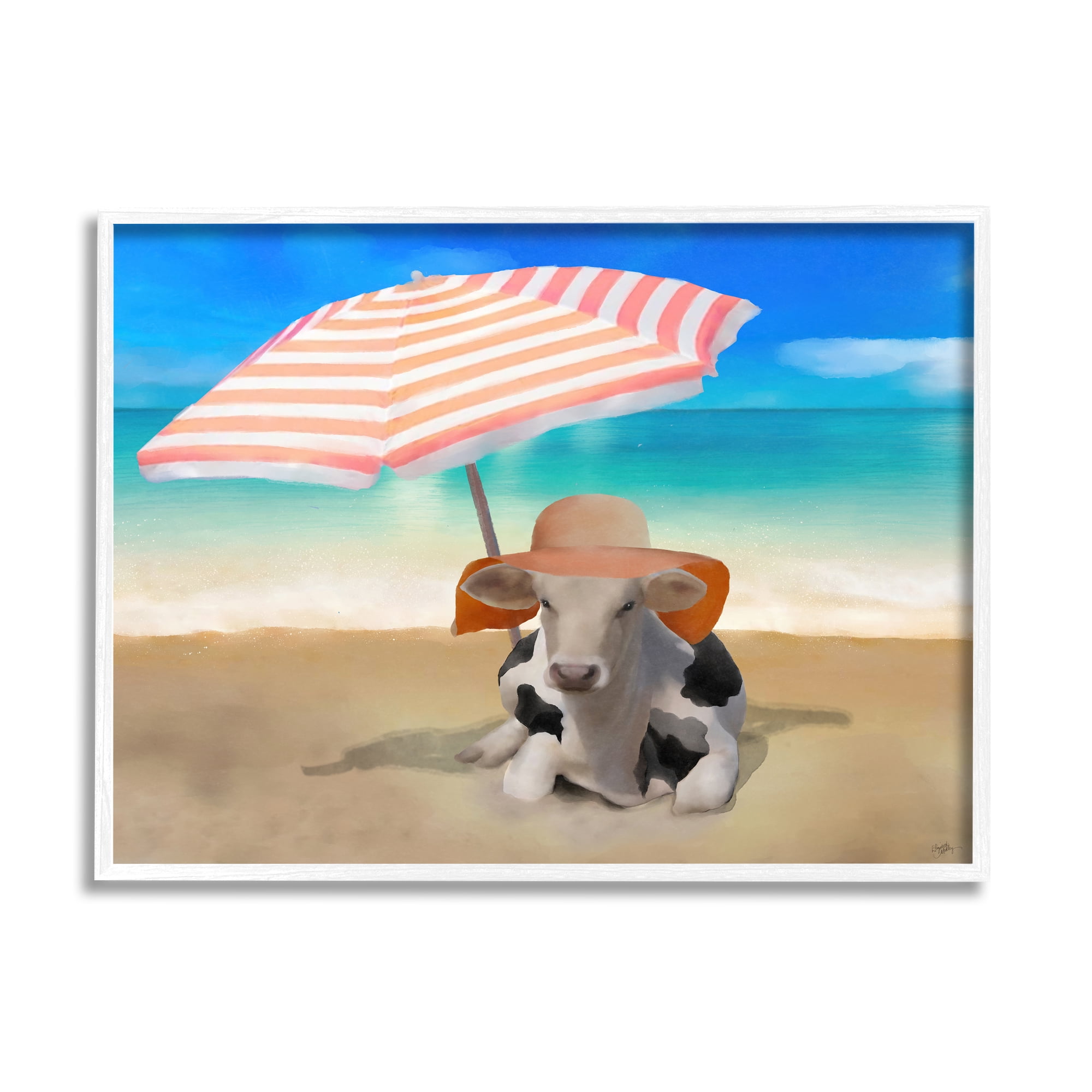 Stupell Lounging Cow Summer Beach Shore Animals & Insects Painting White Framed Art Print Wall Art