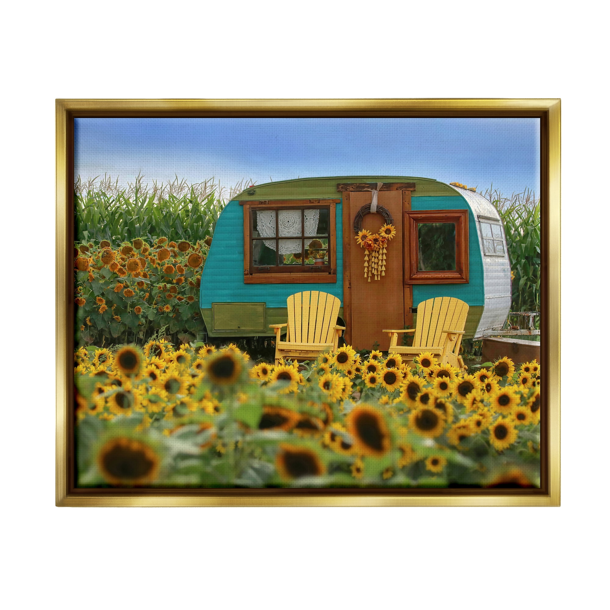 Stupell Lovely Sunflower Field Camper Botanical & Floral Photography Gold Floater Framed Art Print Wall Art