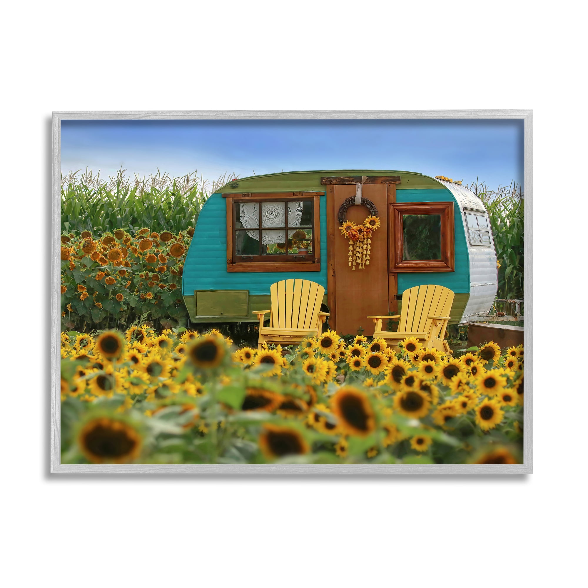 Stupell Lovely Sunflower Field Camper Botanical & Floral Photography Gray Framed Art Print Wall Art
