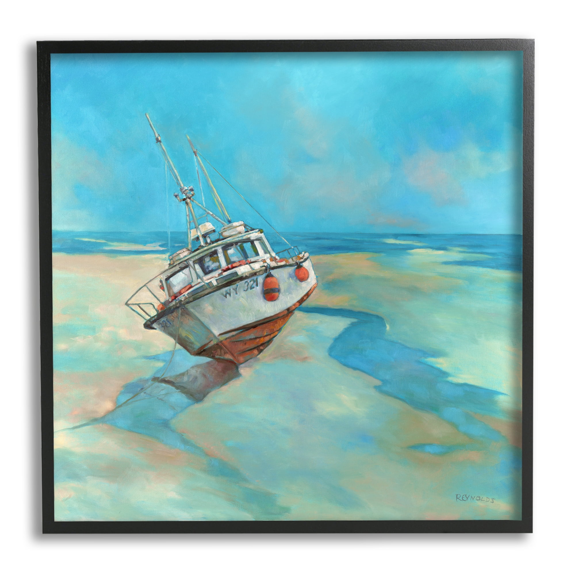 Stupell Low Tide Boat Beach Shore Landscape Painting Black Framed Art Print Wall Art