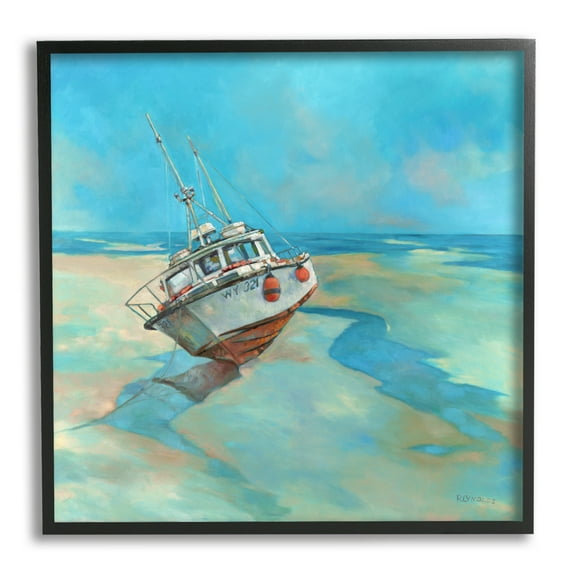 Stupell Low Tide Boat Beach Shore Landscape Painting Black Framed Art Print Wall Art