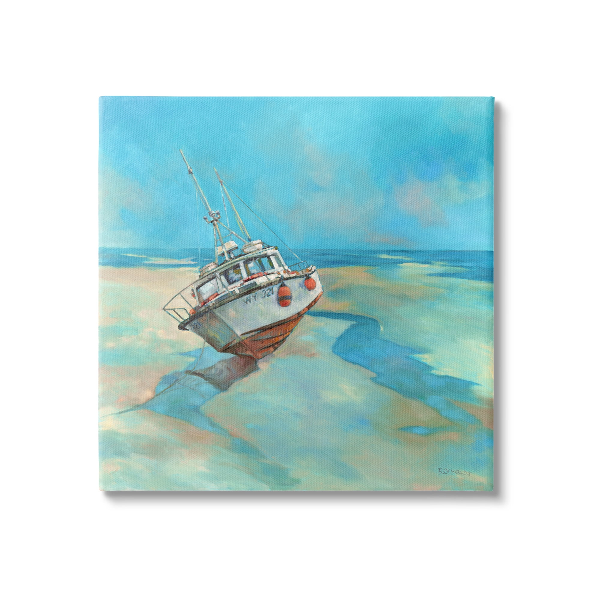 Stupell Low Tide Boat Beach Shore Landscape Painting Gallery Wrapped Canvas Print Wall Art