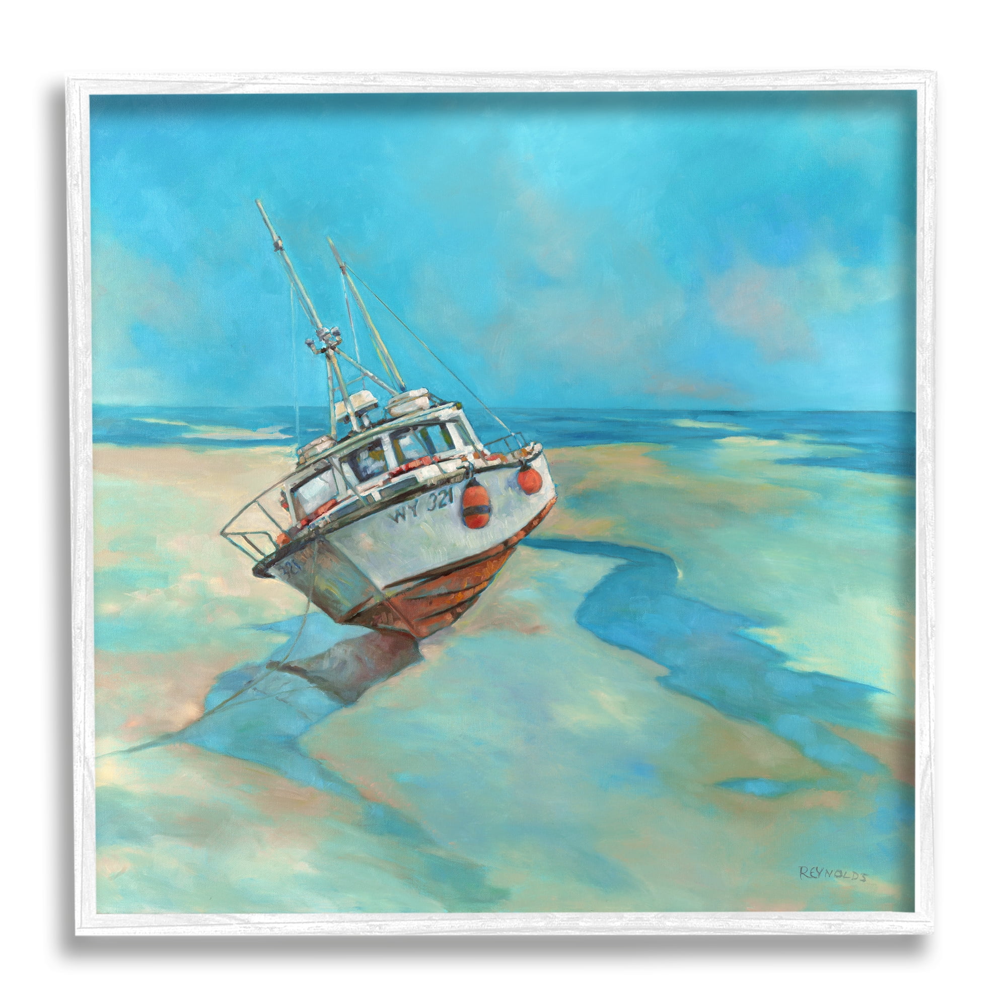 Stupell Low Tide Boat Beach Shore Landscape Painting White Framed Art Print Wall Art