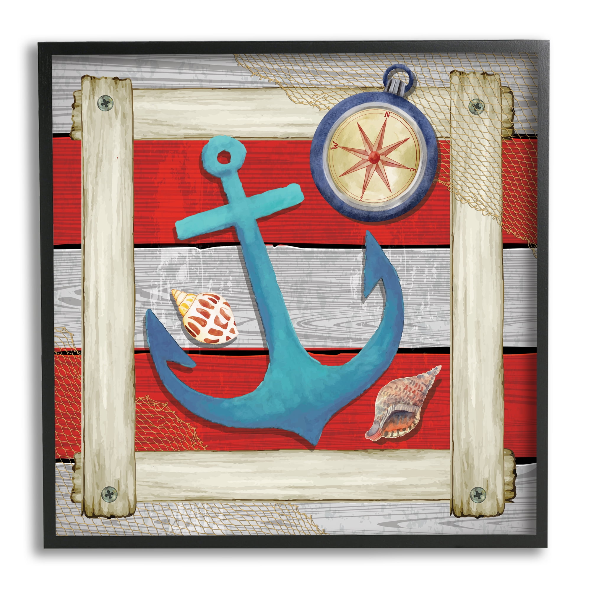 Stupell Maritime Anchor Compass Stripes Landscape Painting Black Framed Art Print Wall Art