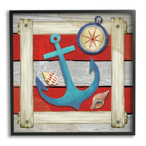 Stupell Maritime Anchor Compass Stripes Landscape Painting Black Framed Art Print Wall Art