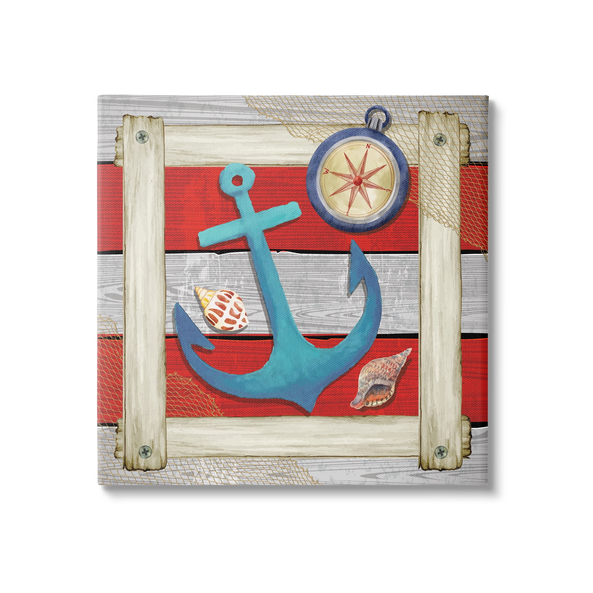 Stupell Maritime Anchor Compass Stripes Landscape Painting Gallery Wrapped Canvas Print Wall Art