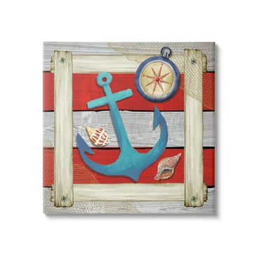 Stupell Maritime Anchor Compass Stripes Landscape Painting Gallery Wrapped Canvas Print Wall Art