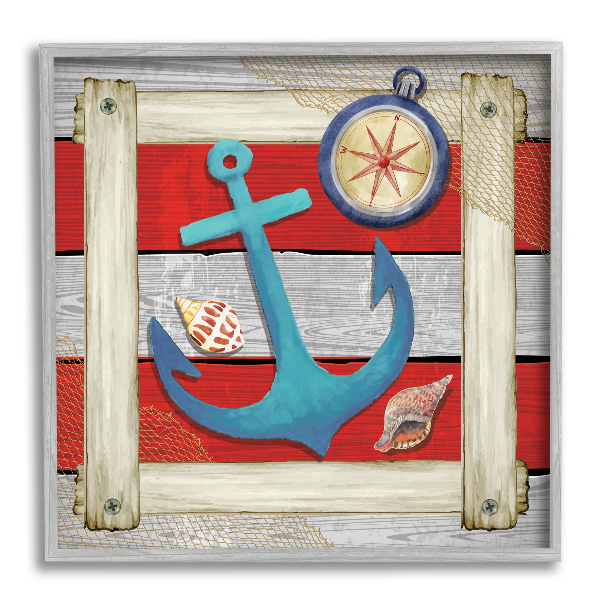Stupell Maritime Anchor Compass Stripes Landscape Painting Gray Framed Art Print Wall Art