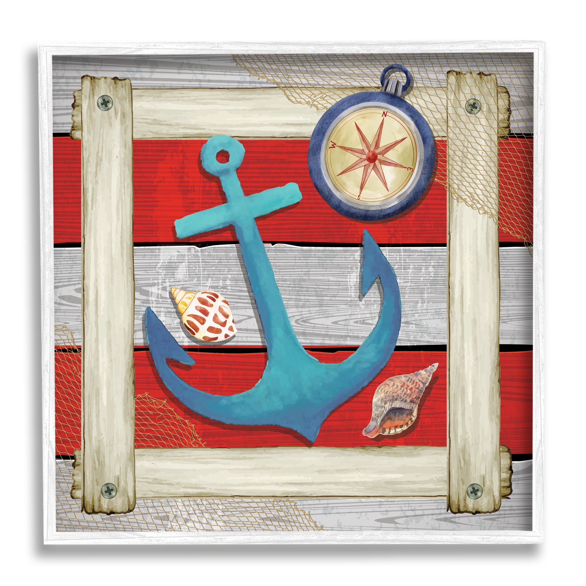 Stupell Maritime Anchor Compass Stripes Landscape Painting White Framed Art Print Wall Art