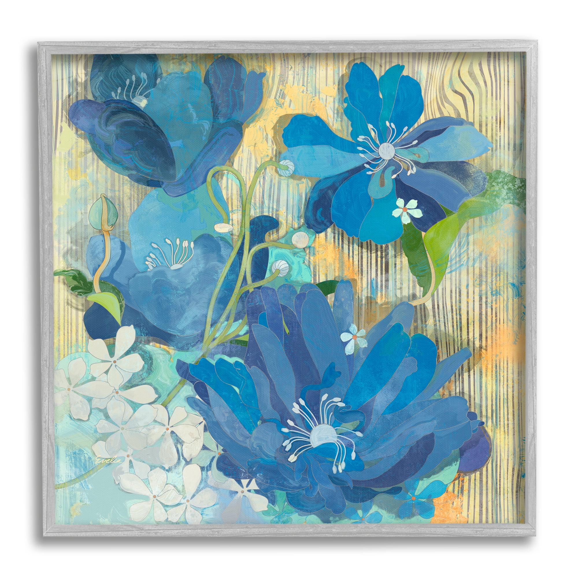 Stupell Modern Blue Geraniums Patterned Botanical & Floral Painting Gray Framed Art Print Wall Art