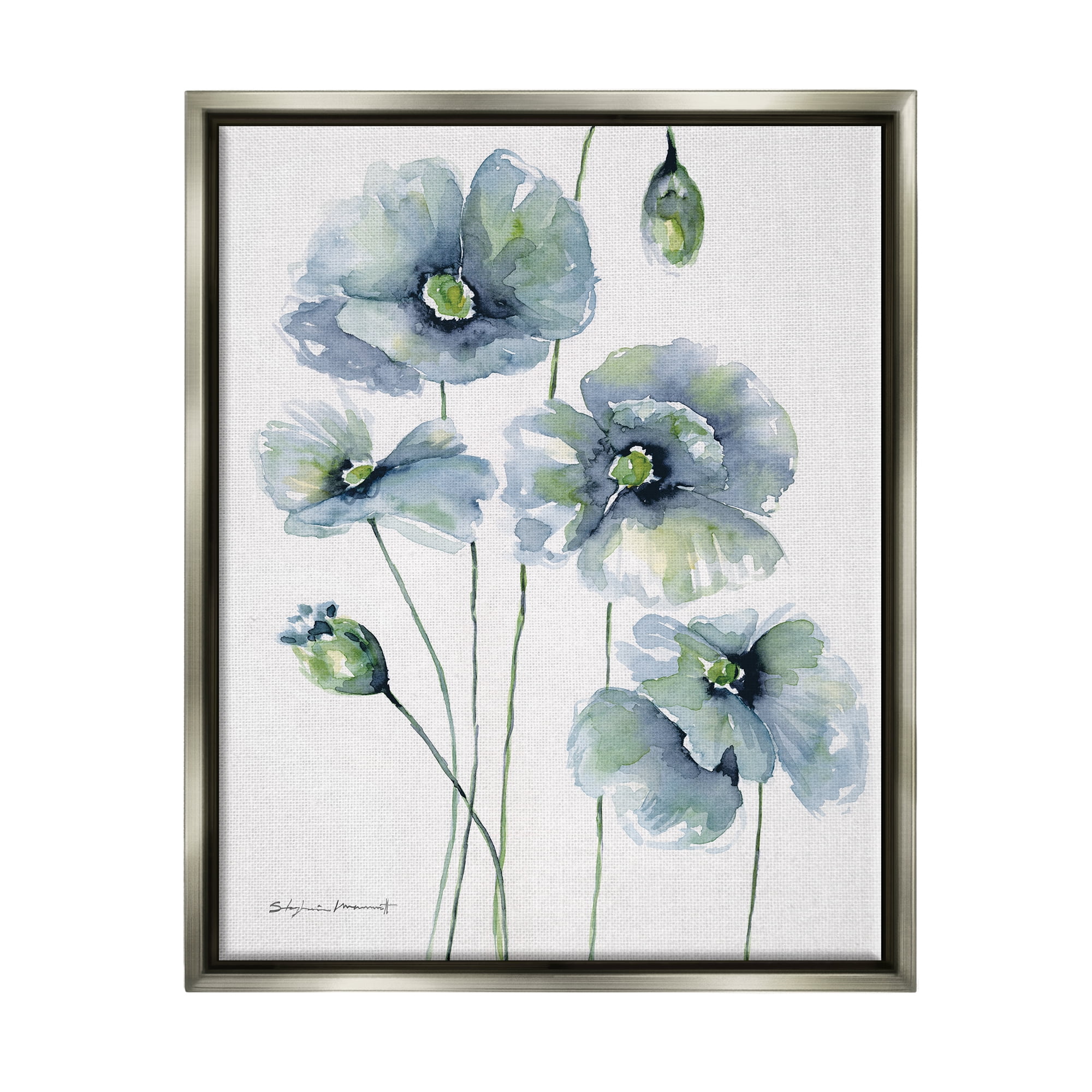 Stupell Modern Blue Layered Flower Buds Botanical & Floral Painting Gray Floater Framed Art Print Wall Art