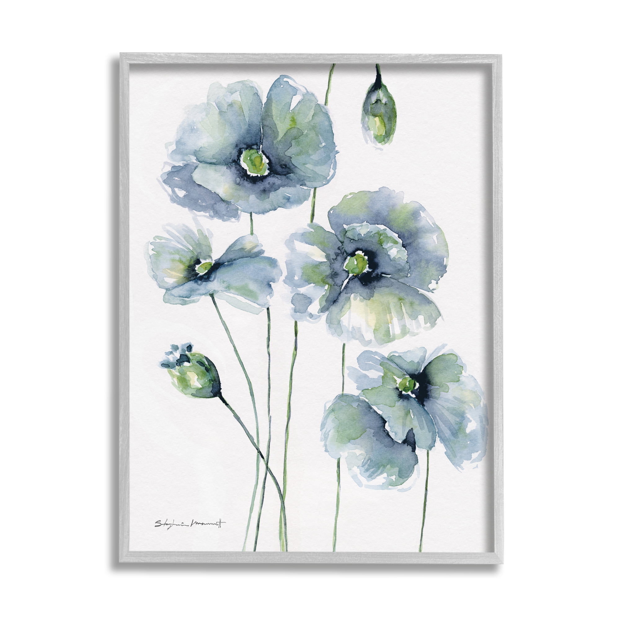 Stupell Modern Blue Layered Flower Buds Botanical & Floral Painting Gray Framed Art Print Wall Art