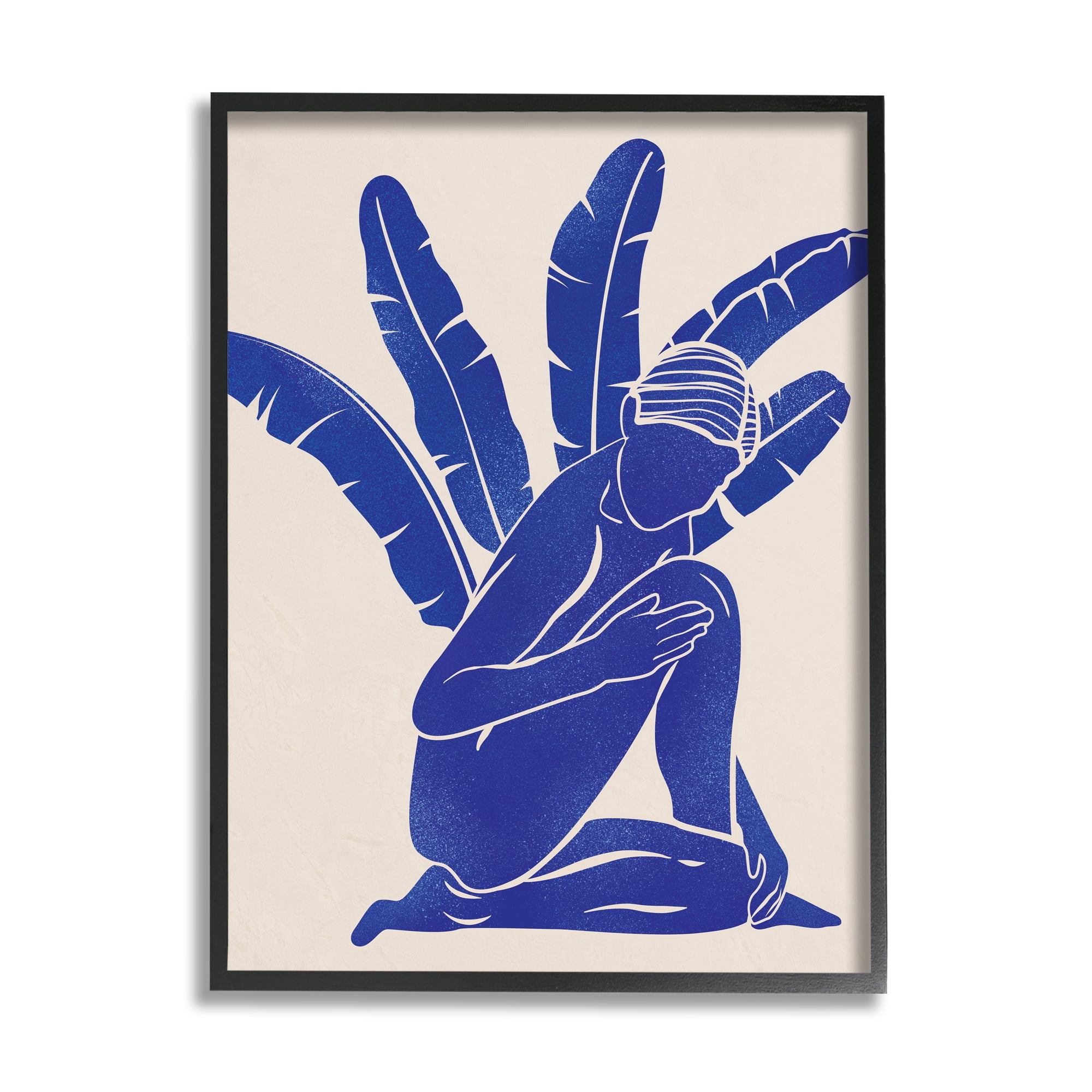 Stupell Modern Blue Woman Palm Plant Botanical & Floral Painting Black Framed Art Print Wall Art