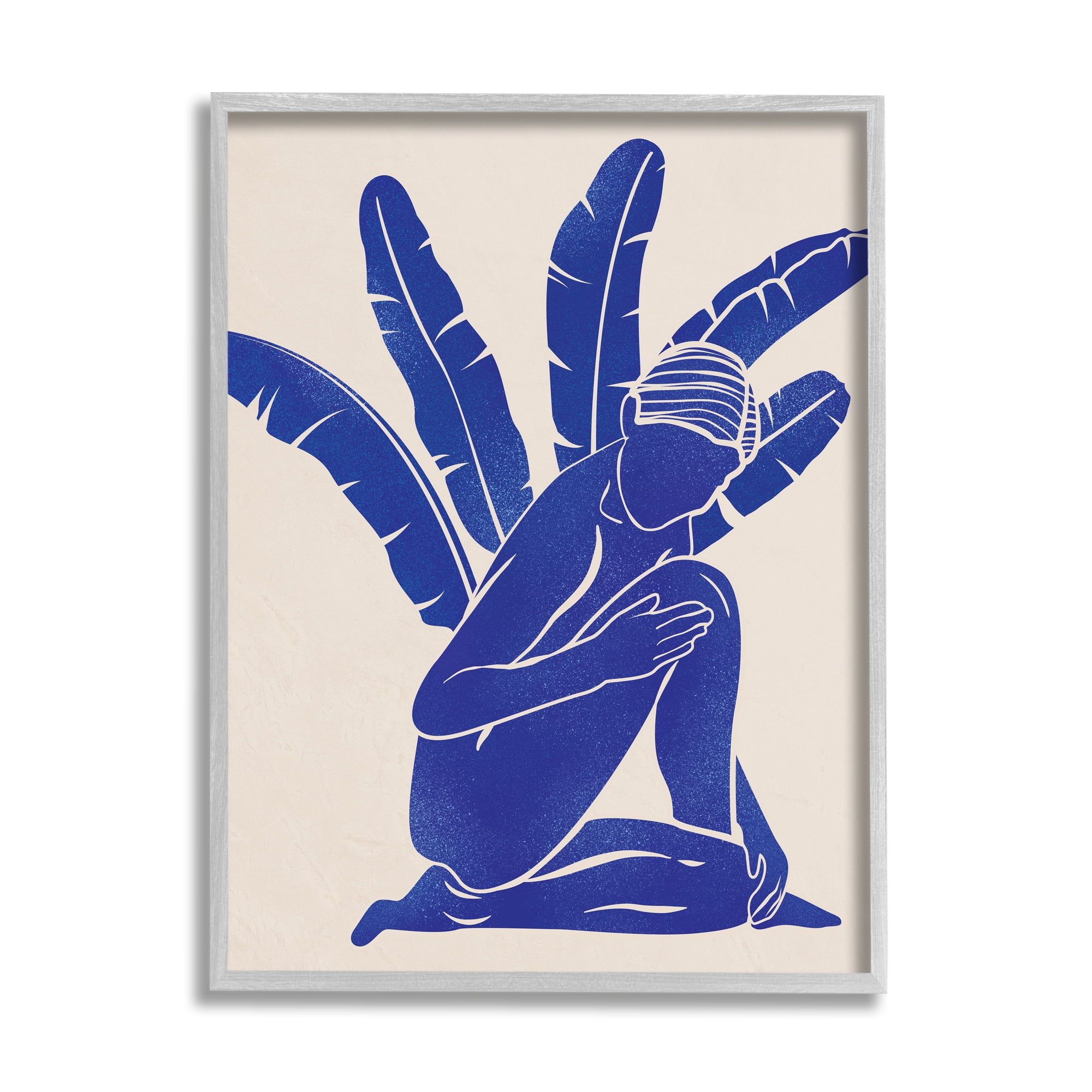 Stupell Modern Blue Woman Palm Plant Botanical & Floral Painting Gray Framed Art Print Wall Art