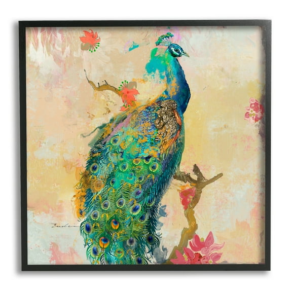 Stupell Modern Peacock Cherry Blossoms Animals & Insects Painting Black Framed Art Print Wall Art