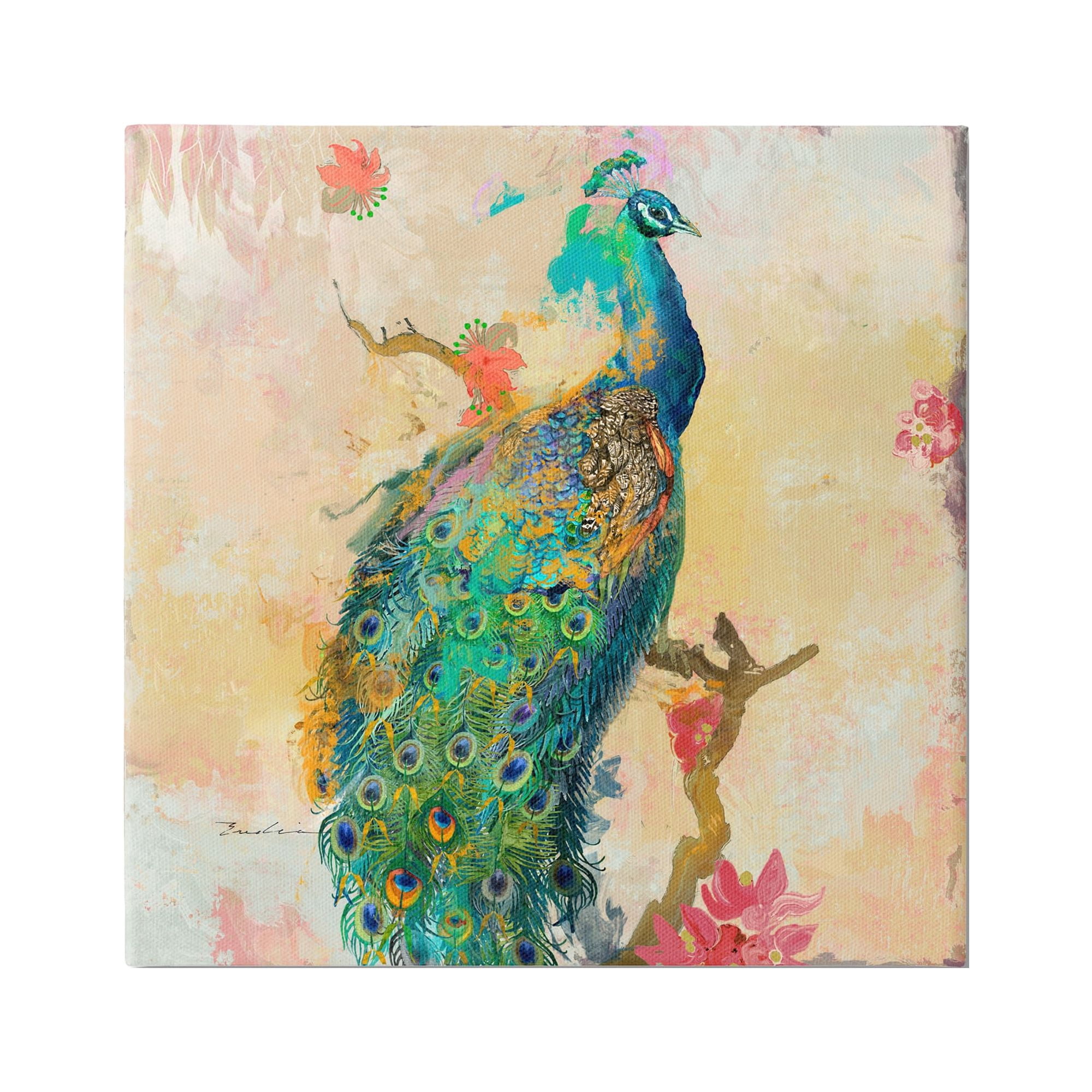 Stupell Modern Peacock Cherry Blossoms Animals & Insects Painting Gallery Wrapped Canvas Print Wall Art