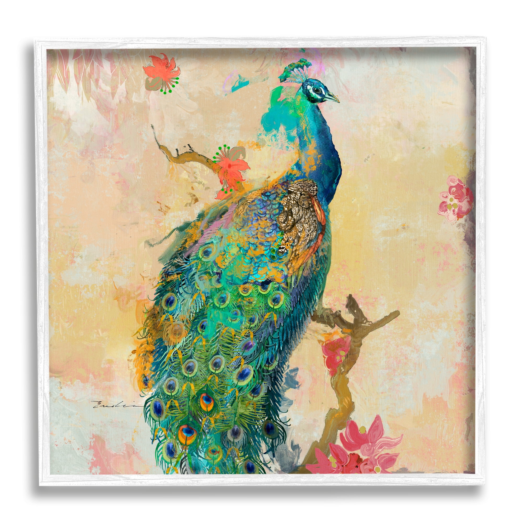 Stupell Modern Peacock Cherry Blossoms Animals & Insects Painting White Framed Art Print Wall Art