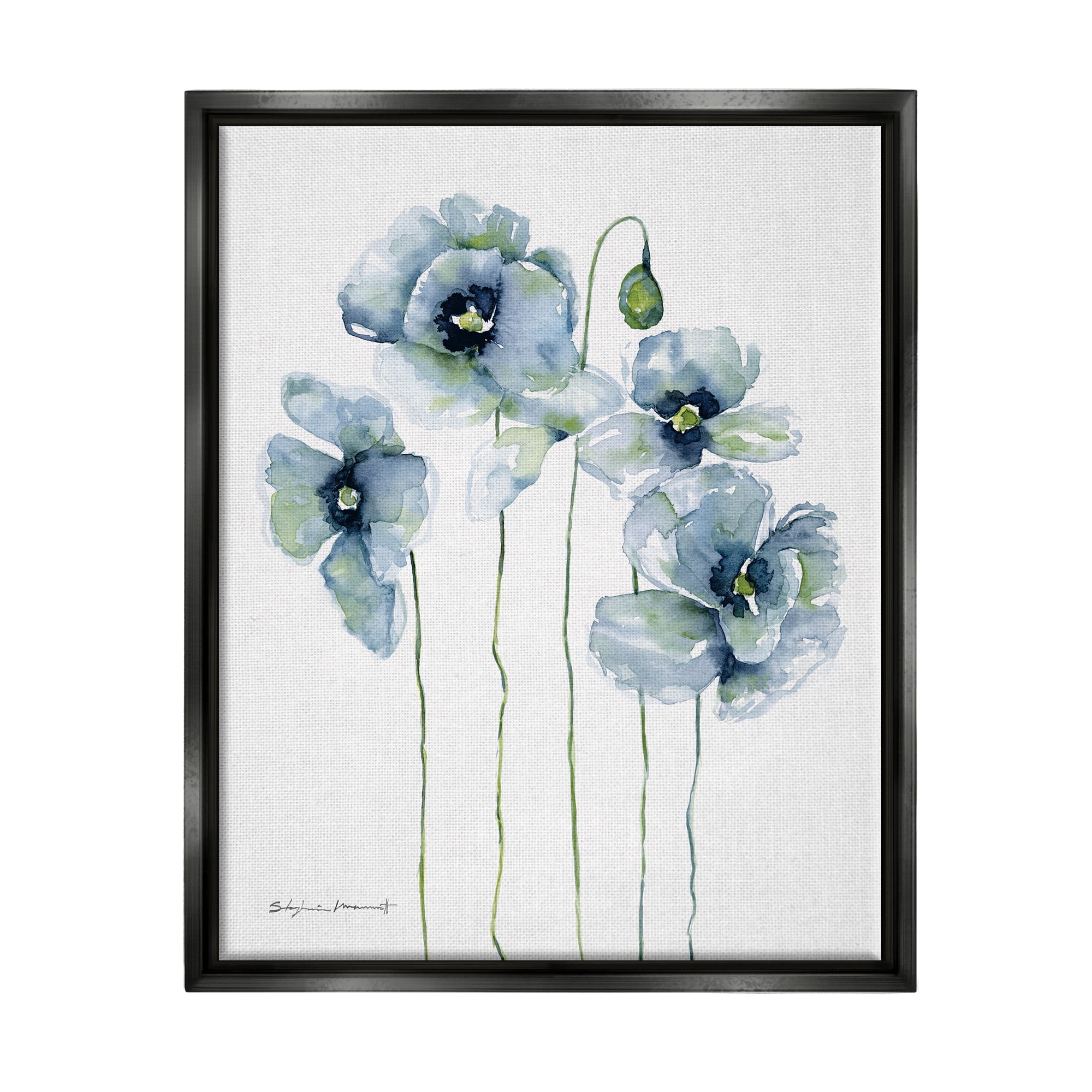 Stupell Modern Poppy Blooms Blue Abstract Botanical & Floral Painting Black Floater Framed Art Print Wall Art
