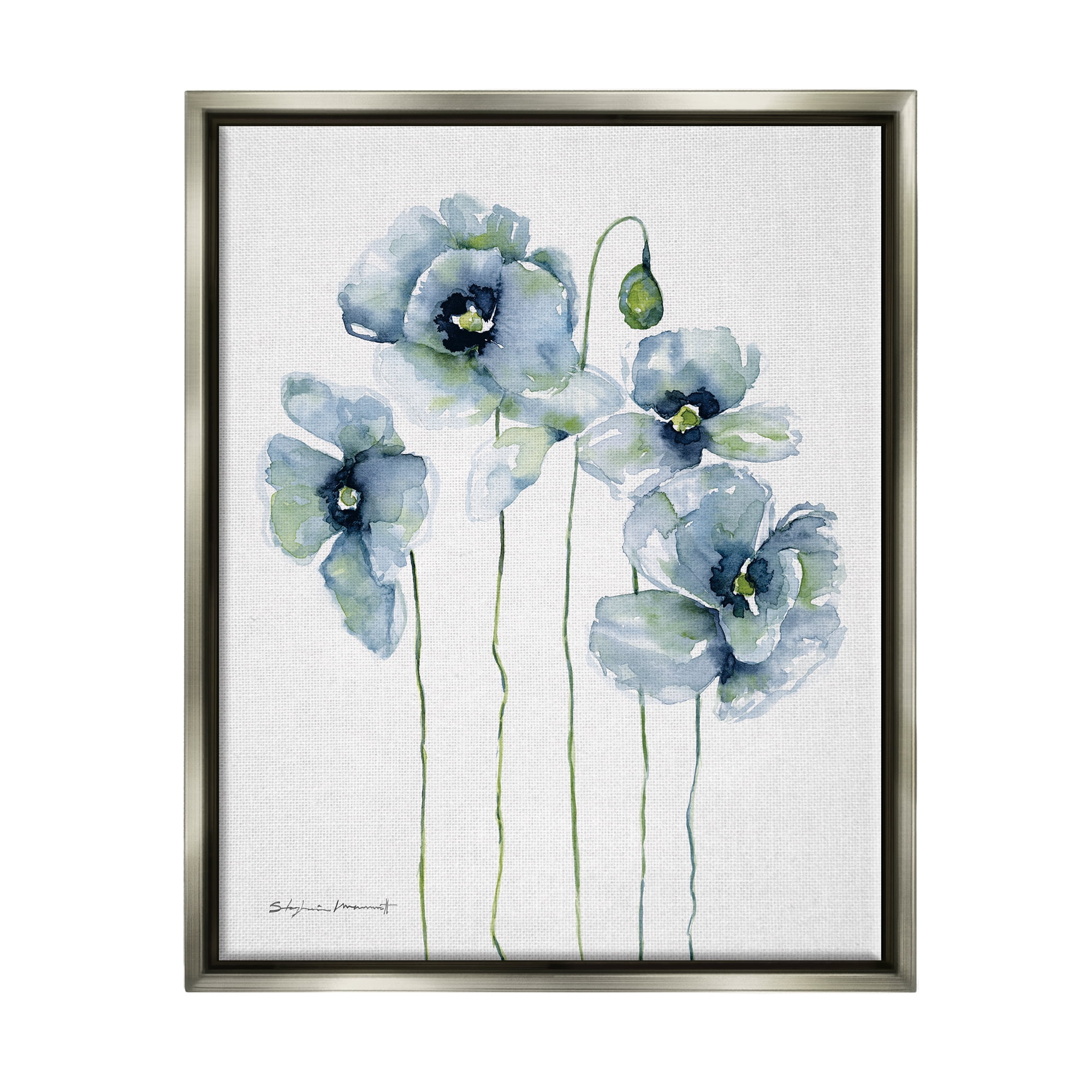 Stupell Modern Poppy Blooms Blue Abstract Botanical & Floral Painting Gray Floater Framed Art Print Wall Art