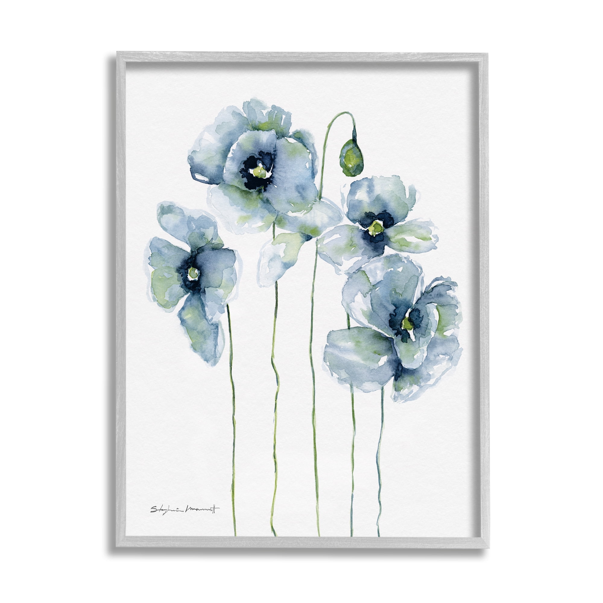 Stupell Modern Poppy Blooms Blue Abstract Botanical & Floral Painting Gray Framed Art Print Wall Art