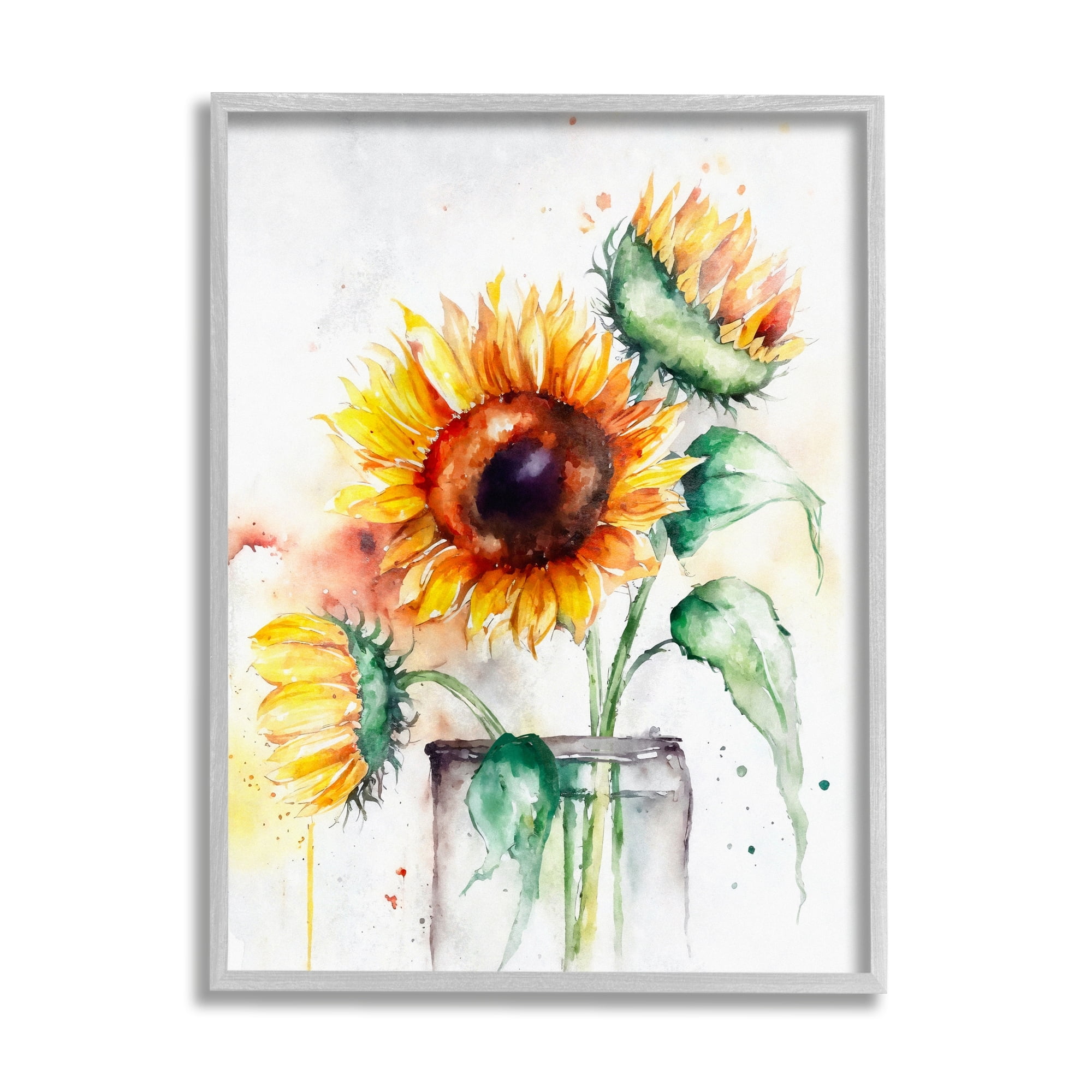 Stupell Modern Sunflowers Watercolor Style Bouquet Botanical & Floral Painting Gray Framed Art Print Wall Art