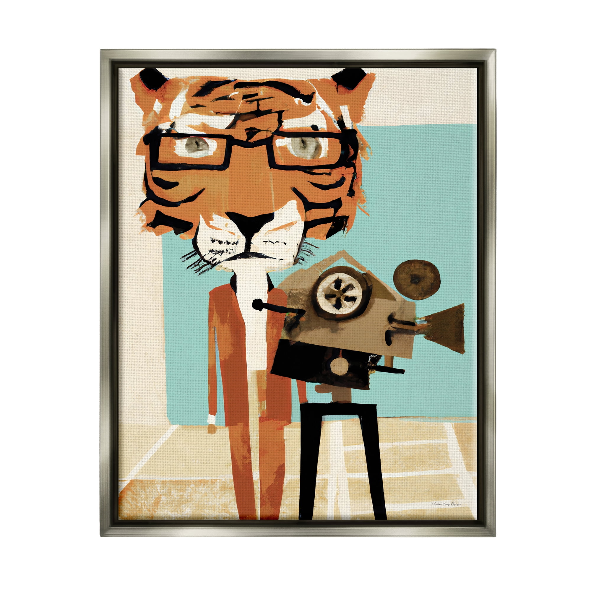 Stupell Modern Tiger Filming Camera Animals & Insects Painting Gray Floater Framed Art Print Wall Art